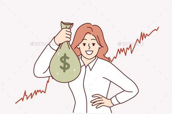 Successful Woman Trader with Bag of Money Earned