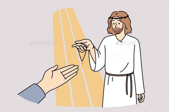 Jesus Holds Out Cross to Believer to Protect From