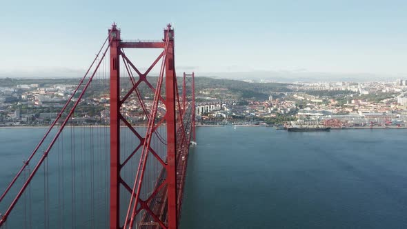 Aerial Footage of Famous Suspension Bridge with Picturesque Cityscape Behind