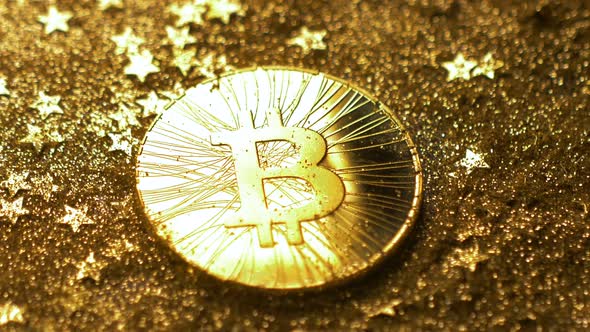 Closeup Bitcoin Real Model Shines Brightly at Light Ray