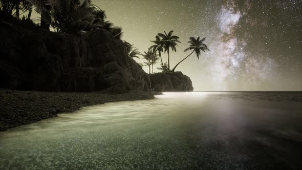 Beautiful Fantasy Tropical Beach with Milky Way Star in Night Skies
