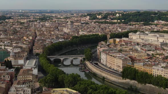 Flying over Tiber river in Rome, Italy, Europe