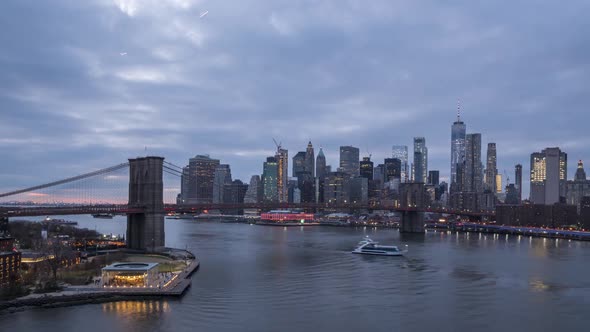 Skyline of Lower Manhattan and Brooklyn Bridge in the Evening, New York City