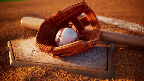 Homeplate with a ball, mitt and bat. Home base with baseball accessories.