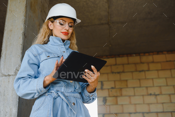 woman engineer working with a tablet on the background of the construction site