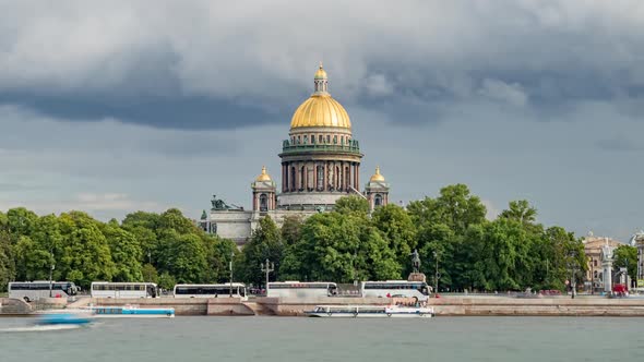 View of The St Isaac's Cathedral in Saint-Petersburg in summer cloudy day