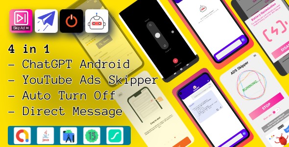 4 in 1 Apps - ChatGPT, YouTube ad skipper, Auto Turn Off and Direct Message app