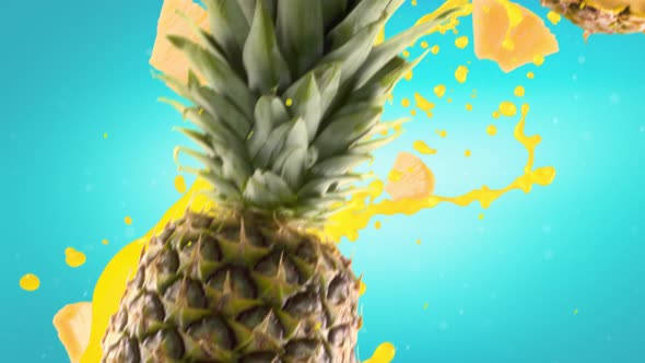 Pineapple with Slices Falling on Ice Blue Background