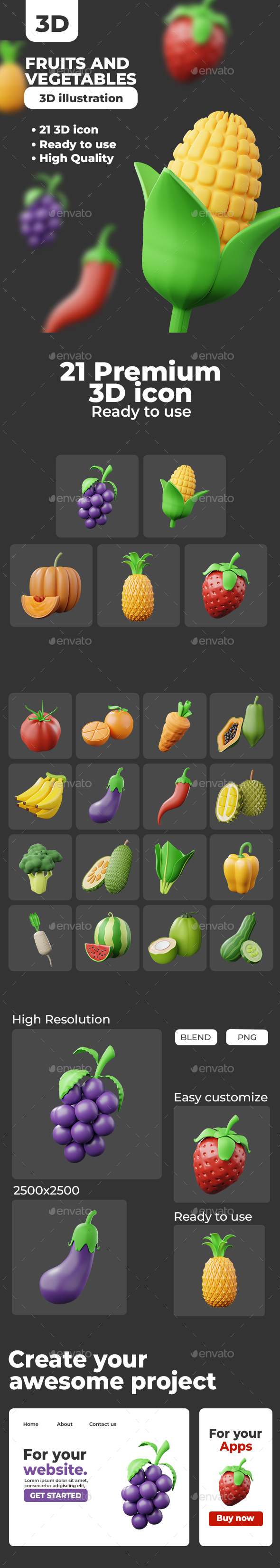 Fruits and vegetables 3d illustration