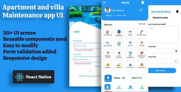 Apartment and villa Maintenance App UI template - React native
