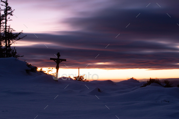 Crucifixion Of Jesus Christ At Sunrise - Crosses On Hill