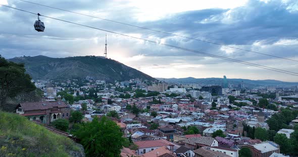 Tbilisi, Georgia - May 23 2022: Aerial view of Old Tbilisi, Flying over historic houses