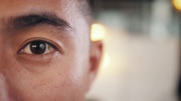 Japanese Asian Man Eyes Closeup Detail Macro Shot Portrait Macro of Asian Man Happy Young Student