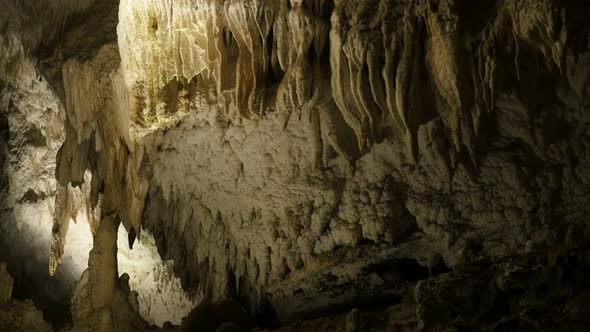 Tilting on old cave formations of stalactites and stalagmites 3840X2160 UltraHD  footage - Deep insi