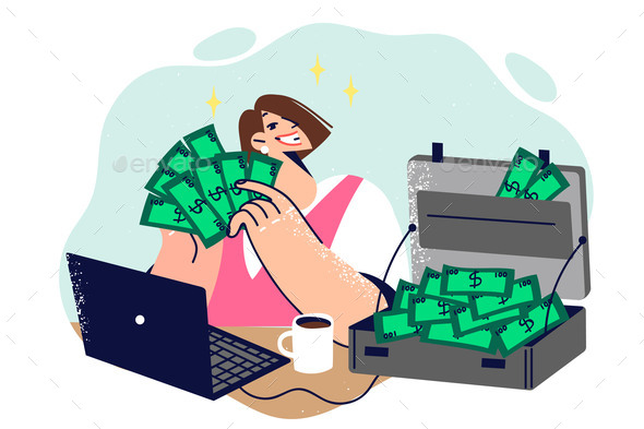 Business Woman Freelancer with Bunch Money Earned