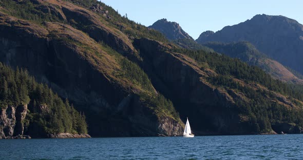 Ship Sailing On Blue Rippling Water Of The Ocean With Forest Park Mountain Ridge In Background At Al