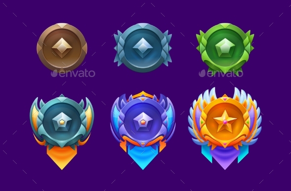 Game Level Rank Badges or Rate Trophy Vector Set