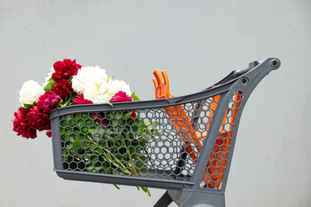 Flowers in a shopping cart, outdoors, summer.