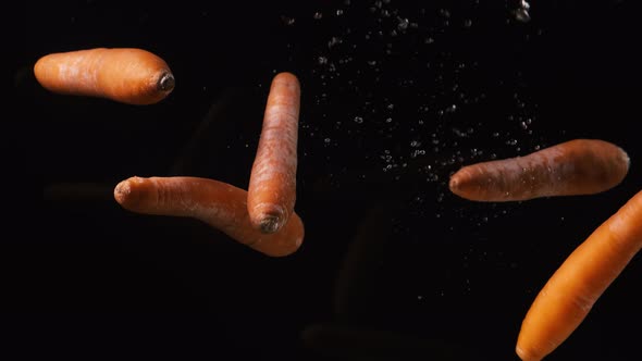 Carrots Pouring To Water on Black Background. Vegetables Falling Into Water. Slow Motion