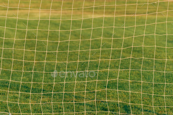 Soccer goal net against green grass background