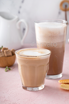 Coffee and espresso drinks in glasses, latte and mocha