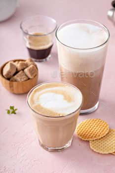 Coffee and espresso drinks in glasses, latte and mocha