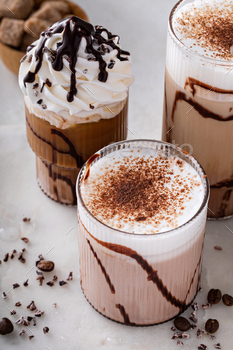 Mocha latte and iced frappe, refreshing and sweet coffee drinks