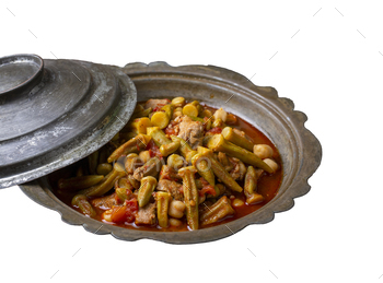 Bamya, Turkish traditional food. (Turkish cuisine) Homemade Food Okra in Plate. Organic Food.