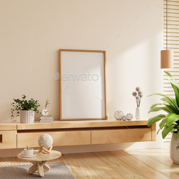 Poster mockup with vertical wooden frame,Mockup frame in cozy home interior background