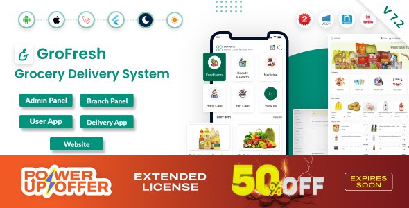 GroFresh - (Grocery, Pharmacy, eCommerce, Store) App and Web with Laravel Admin Panel + Delivery App