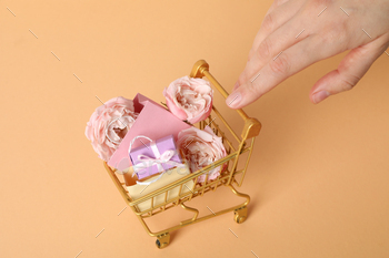 Shopping cart with flowers on a light background.