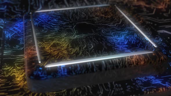 Flying Over a Futuristic Circuit Board with Moving Electrons. alt