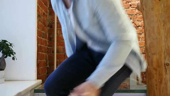 Relax Man Leaving Loft House, Going Down on Stairs