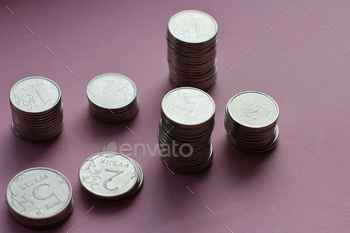 Money coin stack, russian ruble, counting money, economy concept, allocation of money