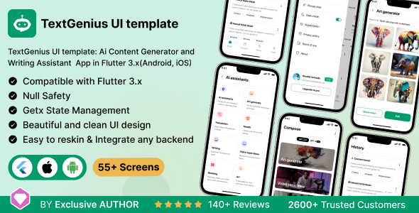 TextGenius UI template: Ai Content Generator and Writing Assistant  App in Flutter 3.x(Android, iOS)