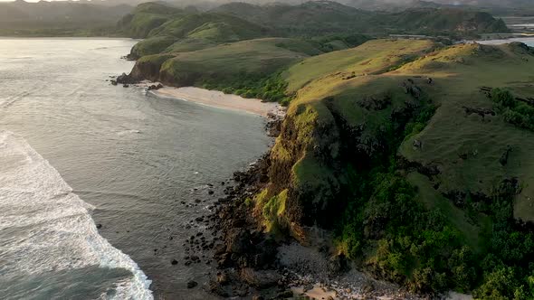 aerial panorama, Merese Hills, Lombok island, Bali, Indonesia. drone parallax wide establishing shot