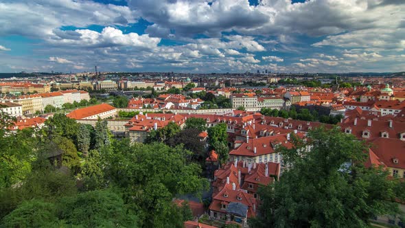 Panorama of Prague Old Town with Red Roofs Timelapse Famous Charles Bridge and Vltava River Czech