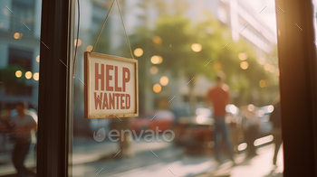 AI generated illustration of 'Help wanted' sign in a city store window