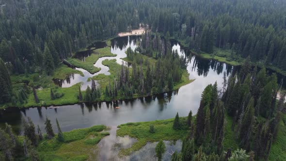 Drone zoom shot of trees reflecting on the calm water of the Payette River in McCall, Idaho as a kay