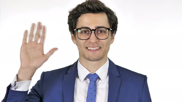 Hello, Welcoming Young Businessman Isolated on White Background