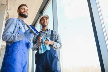 A man cleaning windows. cleaning team of men washes the windows