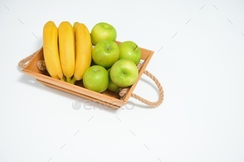 fruits in a wooden box in the kitchen. handmade box.