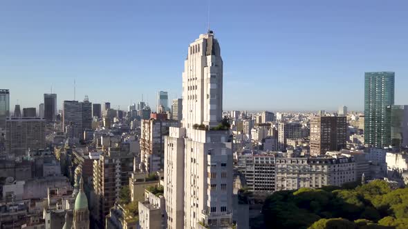 Aerial shot of Kavanagh building and Retiro district skyline in Buenos Aires. DOLLY RIGHT