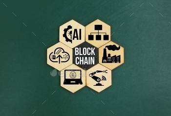 hexagon with blockchain icon. Blockchain Industrial Strategy Concept.