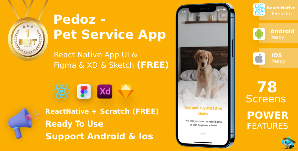 Pet Service App | UI Kit | ReactNative | Figma + XD + Sketch FREE | Life Time Update | Pedoz