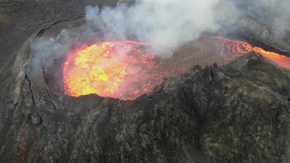 Aerial view of Fagradalsfjall erupting volcano crater, Iceland