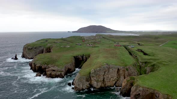 Aerial View of the Ruins of Lenan Head Fort at the North Coast of County Donegal Ireland