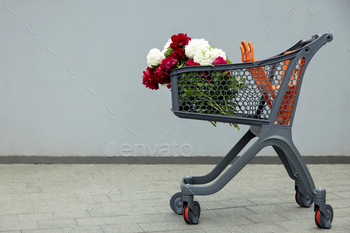 Flowers in a shopping cart, outdoors, summer.