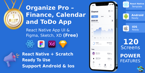 Finance, Calendar & ToDo App | React Native | Figma + XD + Sketch FREE | Life Time Update | ORGANIZE