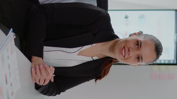 Vertical Video Portrait of Woman Working on Business with Computer